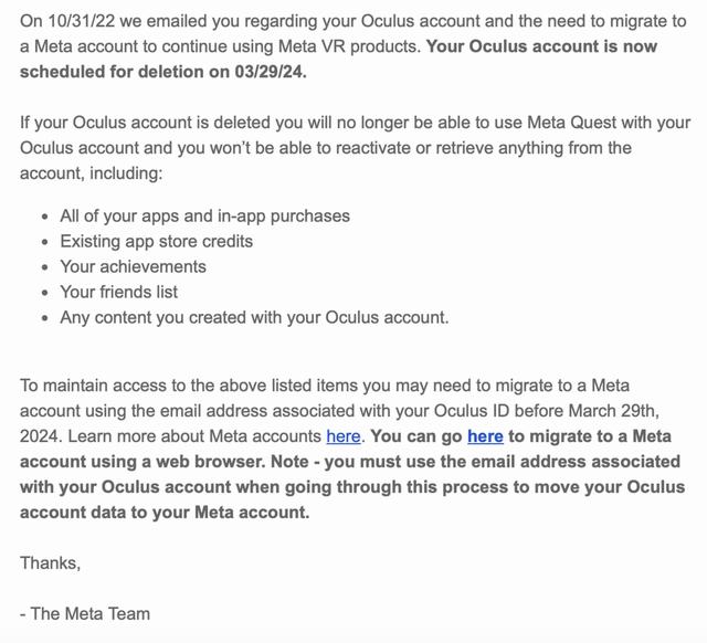 Meta表示将在月底删除所有Oculus账户
