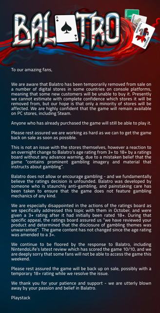 Balatro由于评级变化而从一些主机商店中删除，Steam 商店暂未受影响